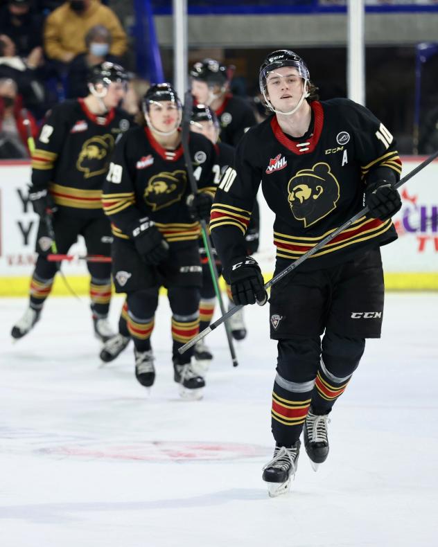 Vancouver Giants line up to celebrate a goal against the Prince George Cougars