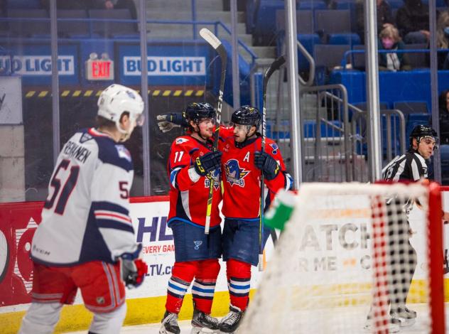 Springfield Thunderbirds celebrate a goal against the Hartford Wolf Pack