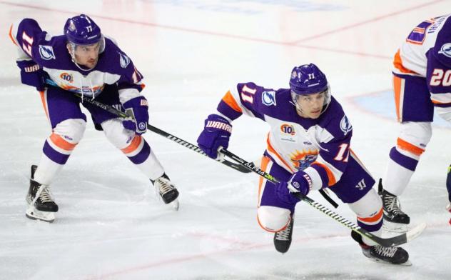 Orlando Solar Bears defenseman Andrew McLean (left) and forward Jake Transit