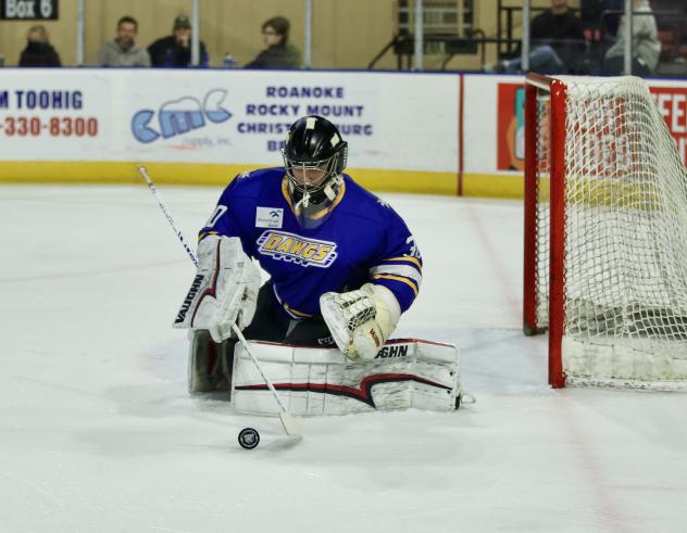 Roanoke Rail Yard Dawgs goaltender Henry Dill makes a stop