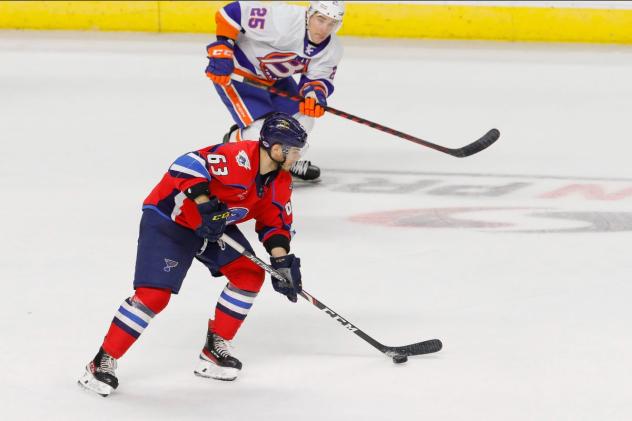 Springfield Thunderbirds center Matthew Peca with the puck vs. the Bridgeport Islanders