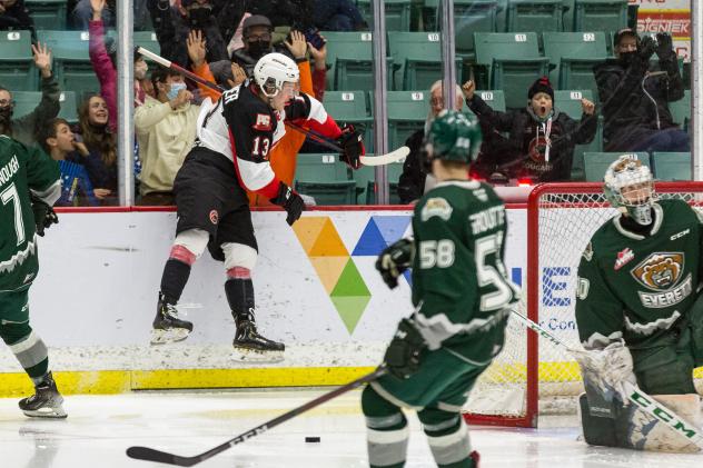 Prince George Cougars centre Koehn Ziemmer reacts after a goal against the Everett Silvertips