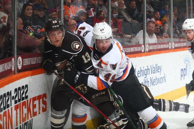 Lehigh Valley Phantoms left wing Garrett Wilson (right) vs. the Hershey Bears
