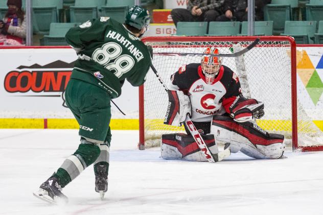 Prince George Cougars goaltender Tyler Brennan makes a stop against the Everett Silvertips