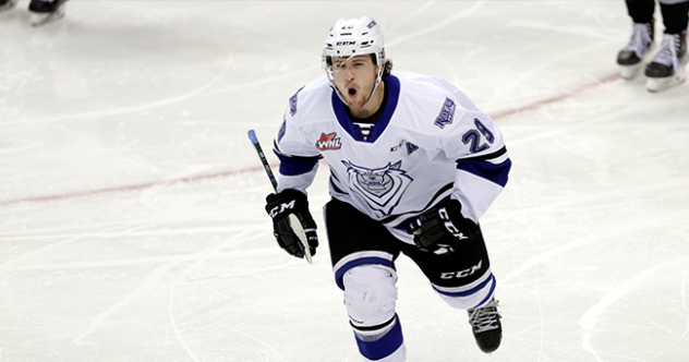 Victoria Royals left wing Bailey Peach reacts after a goal