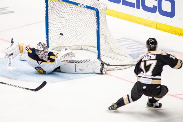 Brandon Saigeon of the Wheeling Nailers scores against the Norfolk Admirals