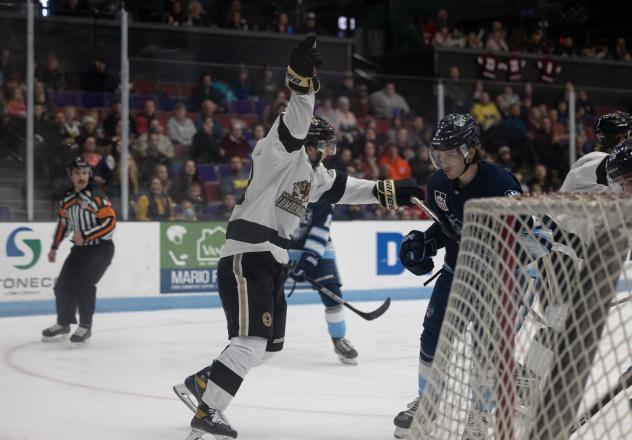 Muskegon Lumberjacks celebrate a goal