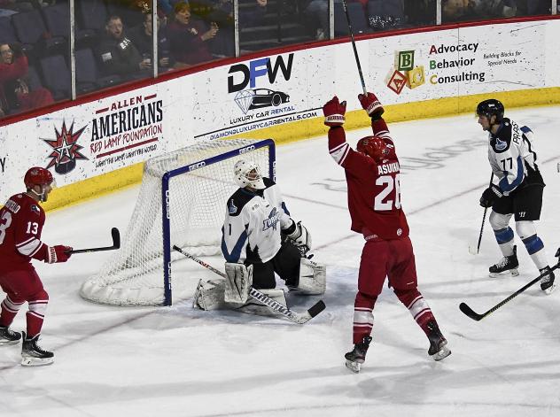 Spencer Asuchak of the Allen Americans reacts after a goal against the Idaho Steelheads