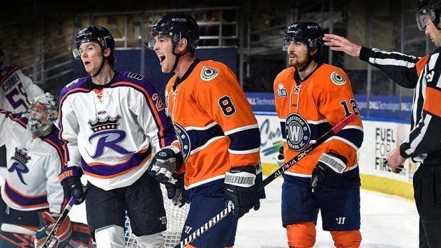 Worcester Railers forward Bobby Butler reacts after a goal against the Reading Royals