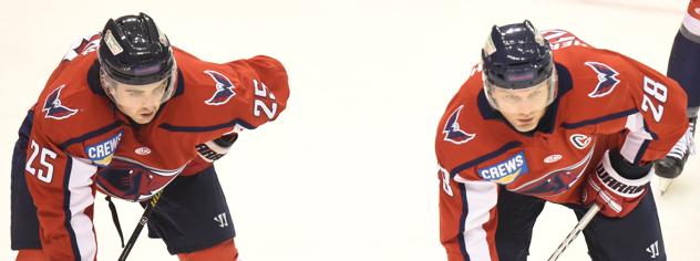 South Carolina Stingrays defenseman Bryce Martin (left) and forward Andrew Cherniwchan