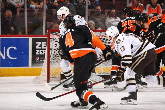 Egor Zamula scores for the Lehigh Valley Phantoms against the Hershey Bears