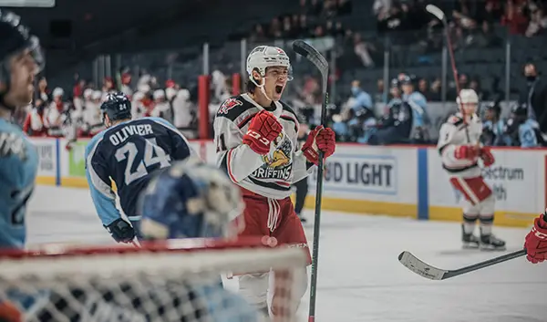Grand Rapids Griffins left wing Dennis Yan reacts after a goal against the Milwaukee Admirals