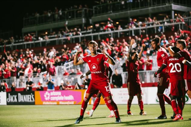 Phoenix Rising FC react after a goal at Wild Horse Pass