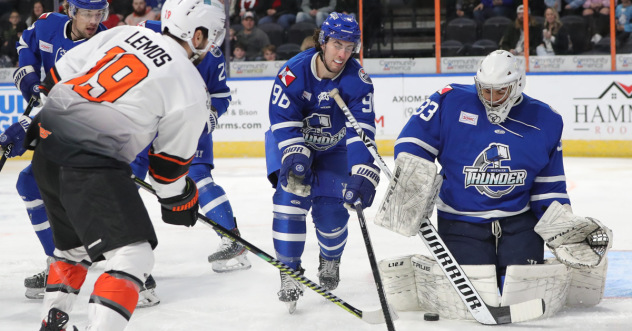Wichita Thunder goalkeeper Jake Theut and defenseman Nick Minerva
