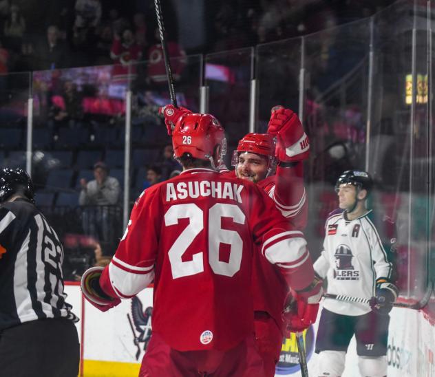 Spencer Asuchak of the Allen Americans following a goal