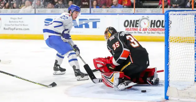 Wichita Thunder forward Tyler Jeanson scores against the Kansas City Mavericks