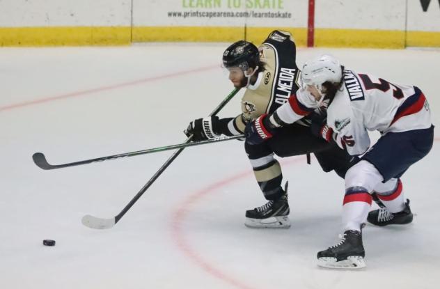 Wheeling Nailers forward Justin Almeida (left) vs. the Kalamazoo Wings