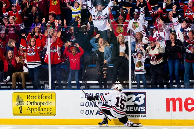 Rockford IceHogs celebrate in front of the home fans