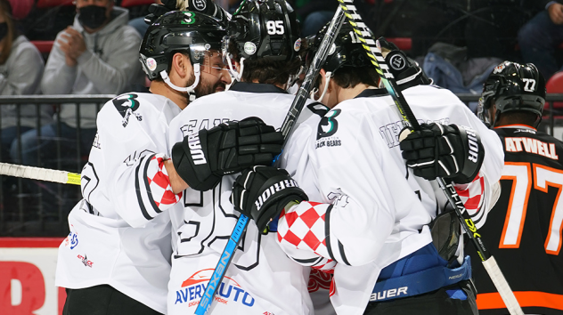 Binghamton Black Bears celebrate a goal against the Danbury Hat Tricks