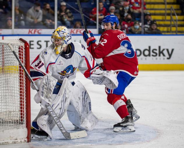 Justin Ducharme of the Springfield Thunderbirds scores against the Laval Rocket