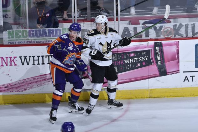 Wheeling Nailers forward Justin Almeida (right) vs. the Orlando Solar Bears