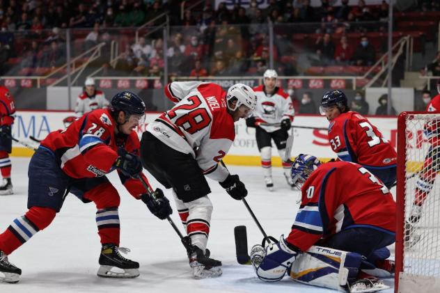 Springfield Thunderbirds goaltender Joel Hofer stops the Charlotte Checkers