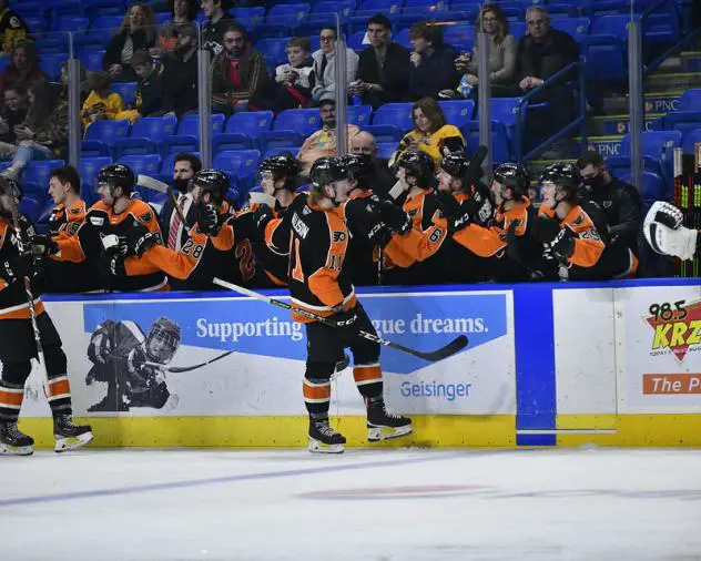 Lehigh Valley Phantoms forward Wade Allison celebrates with the bench vs. the Wilkes-Barre/Scranton Penguins