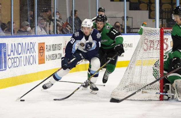 Texas Stars center Joel L'Esperance (right) vs. the Milwaukee Admirals