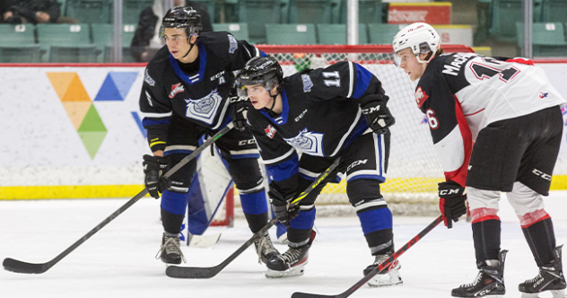 Victoria Royals right wing Matthew Hodson (center) vs. the Prince George Cougars