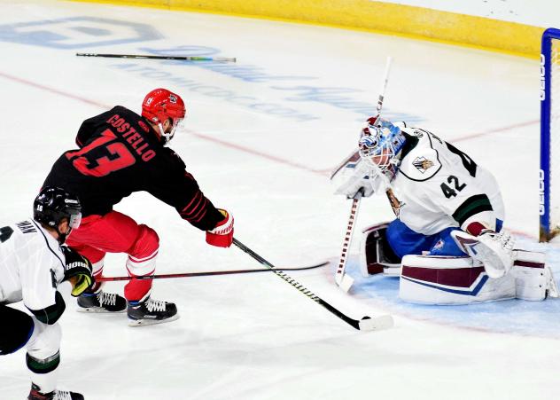 Chad Costello of the Allen Americans scores against the Utah Grizzlies