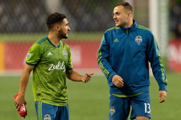 Jordan Morris and Cristian Roldan of Seattle Sounders FC