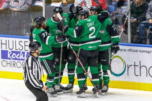 Texas Stars celebrate after a goal against the Rockford IceHogs