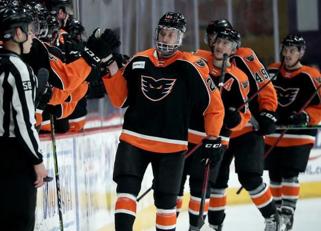 Lehigh Valley Phantoms exchange congratulations along the bench