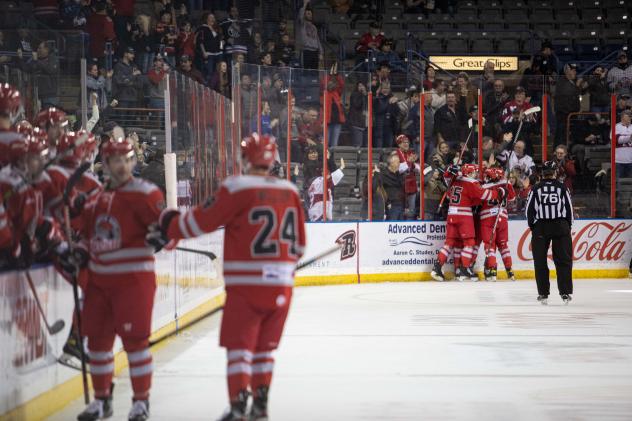 Rapid City Rush celebrate a goal against the Idaho Steelheads