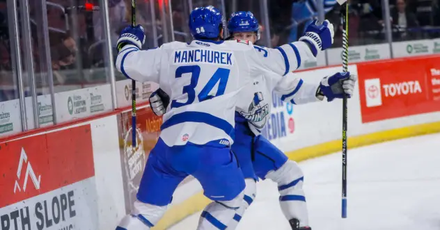 Joe Manchurek reacts after a Wichita Thunder goal