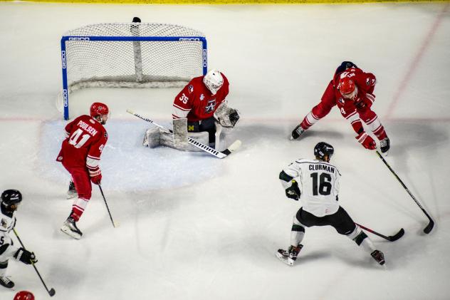 Allen Americans goaltender Hayden Lavigne prepares for a shot