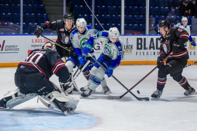 Red Deer Rebels goaltender Chase Coward vs. the Swift Current Broncos