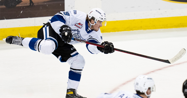 Victoria Royals take a shot against the Kelowna Rockets