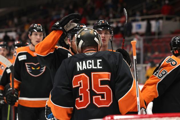 Lehigh Valley Phantoms goaltender Pat Nagle receives congratulations