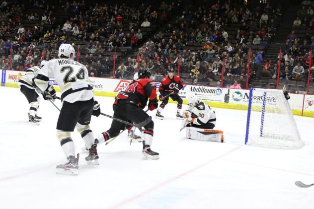 Wheeling Nailers goaltender Stefanos Lekkas smothers a Cincinnati Cylones shot