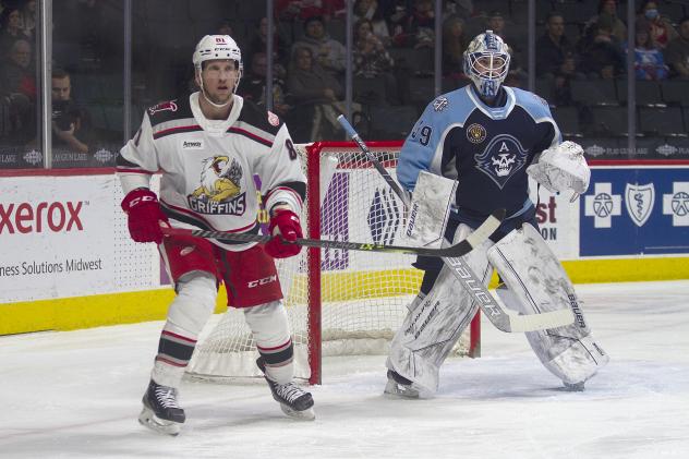 Grand Rapids Griffins left wing Justin Abdelkader and Milwaukee Admirals goaltender Connor Ingram