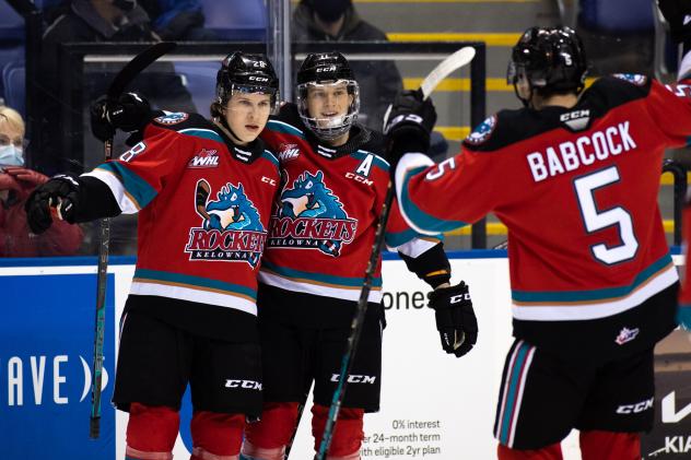 Kelowna Rockets pose after a goal against the Victoria Royals