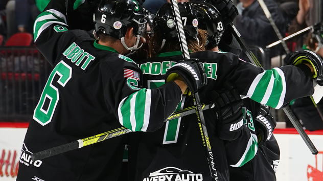 Binghamton Black Bears celebrate a goal against the Delaware Thunder