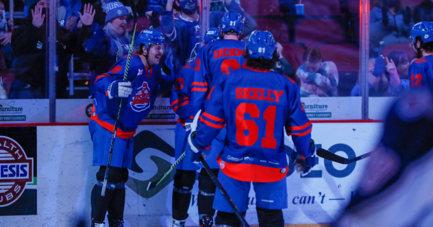 Wichita Thunder celebrate a goal against the Tulsa Oilers