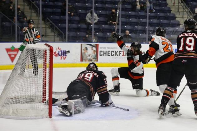 Medicine Hat Tigers celebrate a goal against the Calgary Hitmen