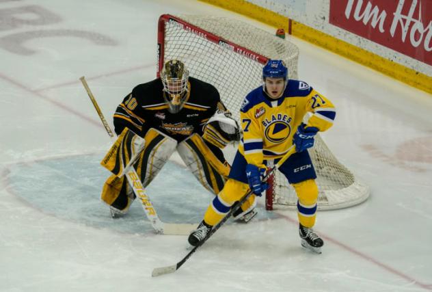 Brandon Wheat Kings goaltender Ethan Kruger against the Saskatoon Blades