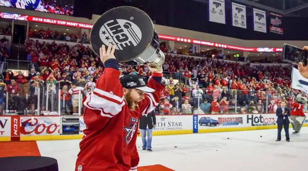 Chad Costello of the Allen Americans hoists the Kelly Cup