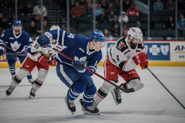 Grand Rapids Griffins defenseman Ryan Murphy (right) vs. the Toronto Marlies