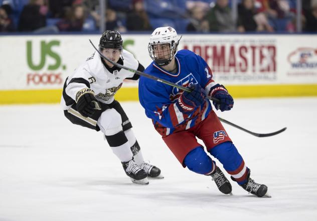 Muskegon Lumberjacks forward David Hymovitch (left) vs. Team USA