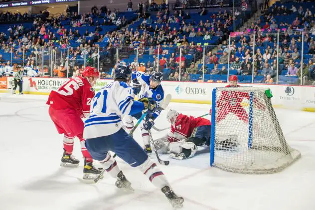 Allen Americans goaltender Hayden Lavigne makes a stop against the Tulsa Oilers